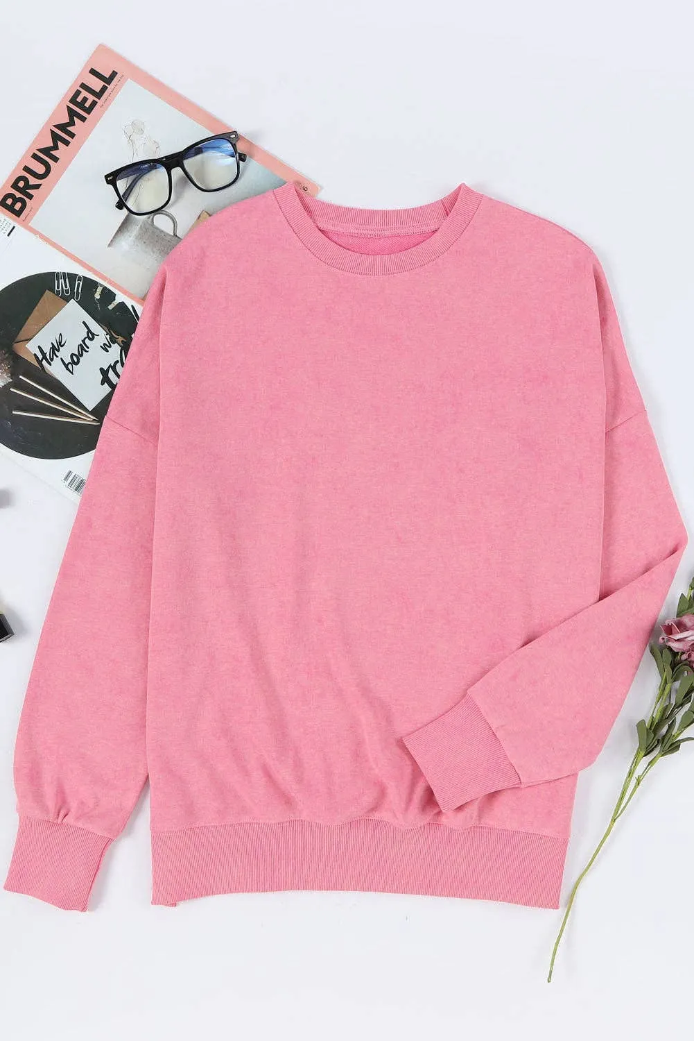 Pink Drop Shoulder Ribbed Trim Oversized Sweatshirt: Pink / M / 75%Polyester 25%Cotton
