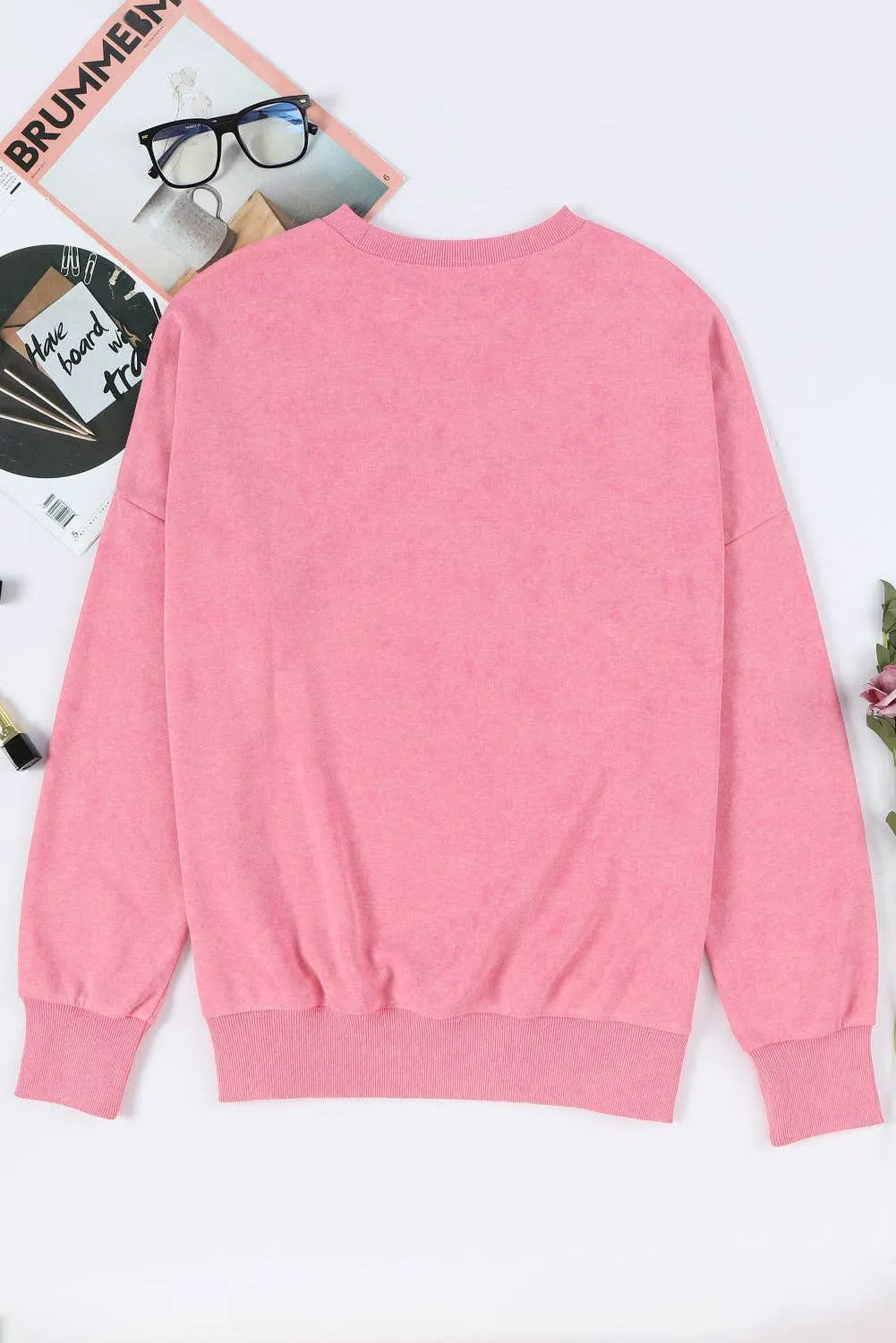 Pink Drop Shoulder Ribbed Trim Oversized Sweatshirt: Pink / M / 75%Polyester 25%Cotton