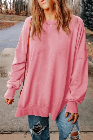 Pink Drop Shoulder Ribbed Trim Oversized Sweatshirt: Pink / M / 75%Polyester 25%Cotton