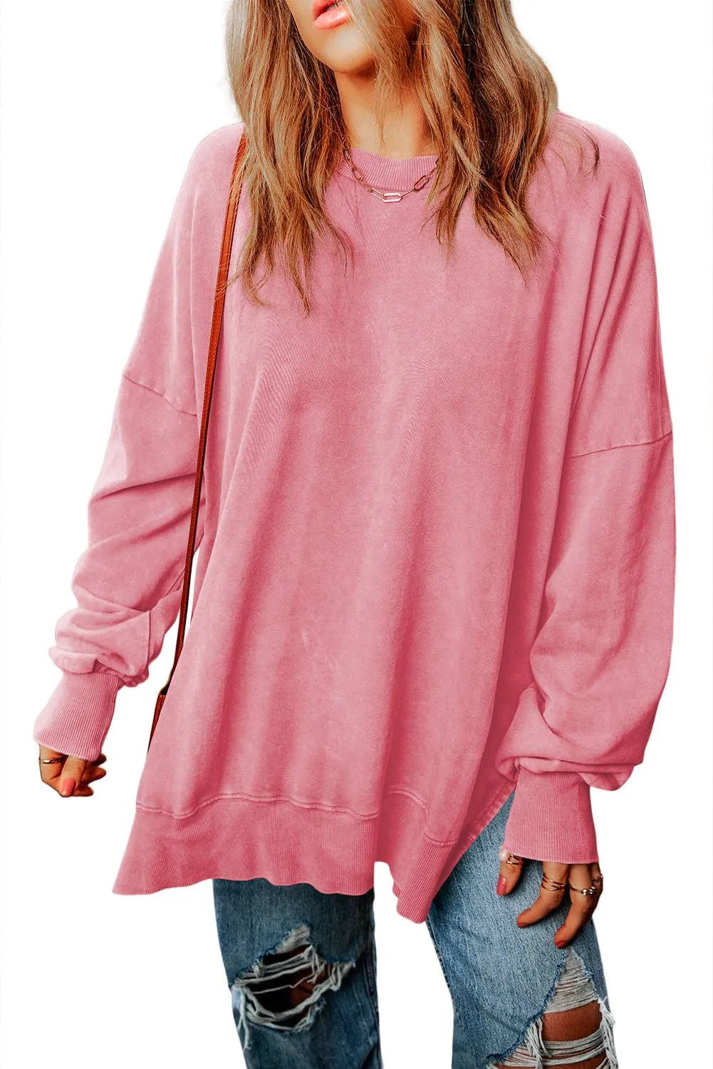 Pink Drop Shoulder Ribbed Trim Oversized Sweatshirt: Pink / M / 75%Polyester 25%Cotton