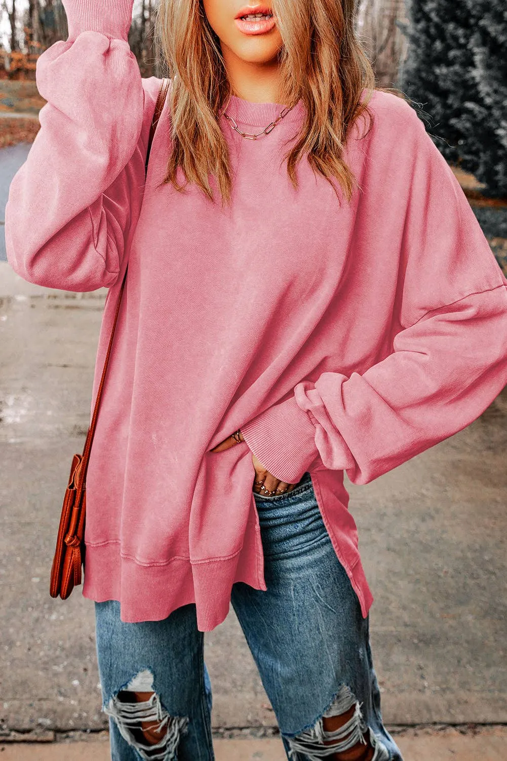 Pink Drop Shoulder Ribbed Trim Oversized Sweatshirt: Pink / M / 75%Polyester 25%Cotton