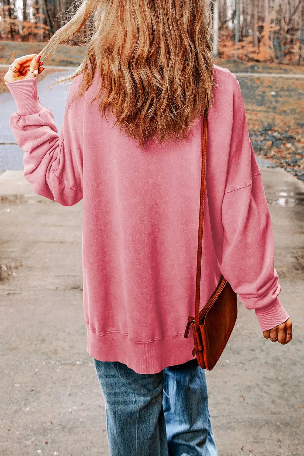 Pink Drop Shoulder Ribbed Trim Oversized Sweatshirt: Pink / M / 75%Polyester 25%Cotton