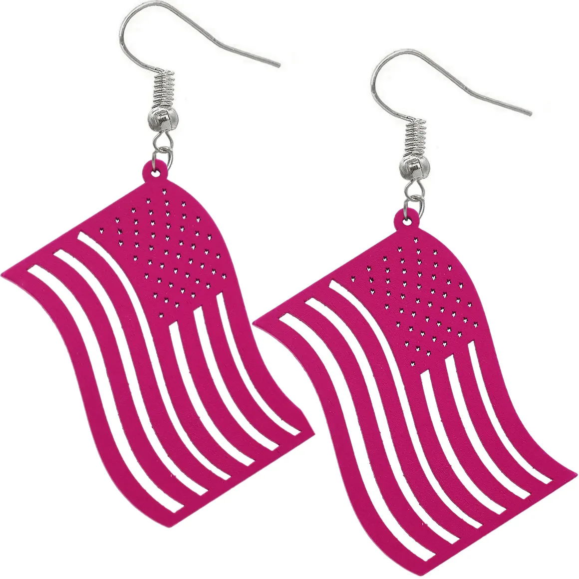 Pink Large American Flag Wooden Earrings
