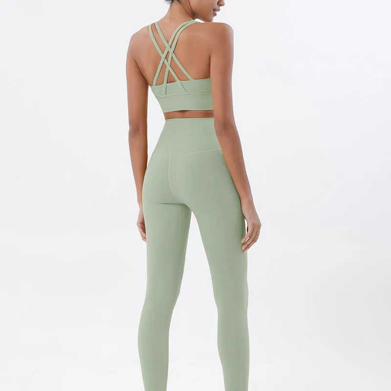 Premium Women's Yoga Set – Breathable Tracksuit for Fitness, Running, and Outdoor Sports – High-Waisted Leggings & Sports Bra, Comfortable & Elastic, Nylon-Spandex Blend, Removable Chest Pads, Invisible Waist Pocket