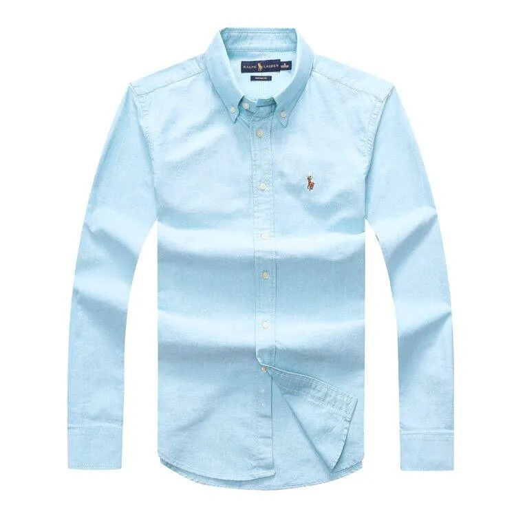 PRL Men's Plain Cotton  Logo Embroidered Blue Button Down Long Sleeve Shirt