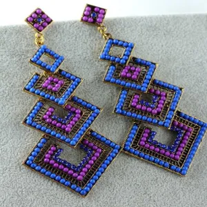 Purple Blue Long Fashion Crystal Chandelier Earrings Square Shape Dangle Womens