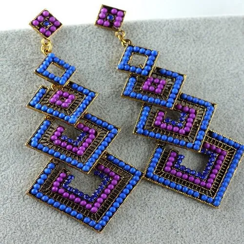 Purple Blue Long Fashion Crystal Chandelier Earrings Square Shape Dangle Womens