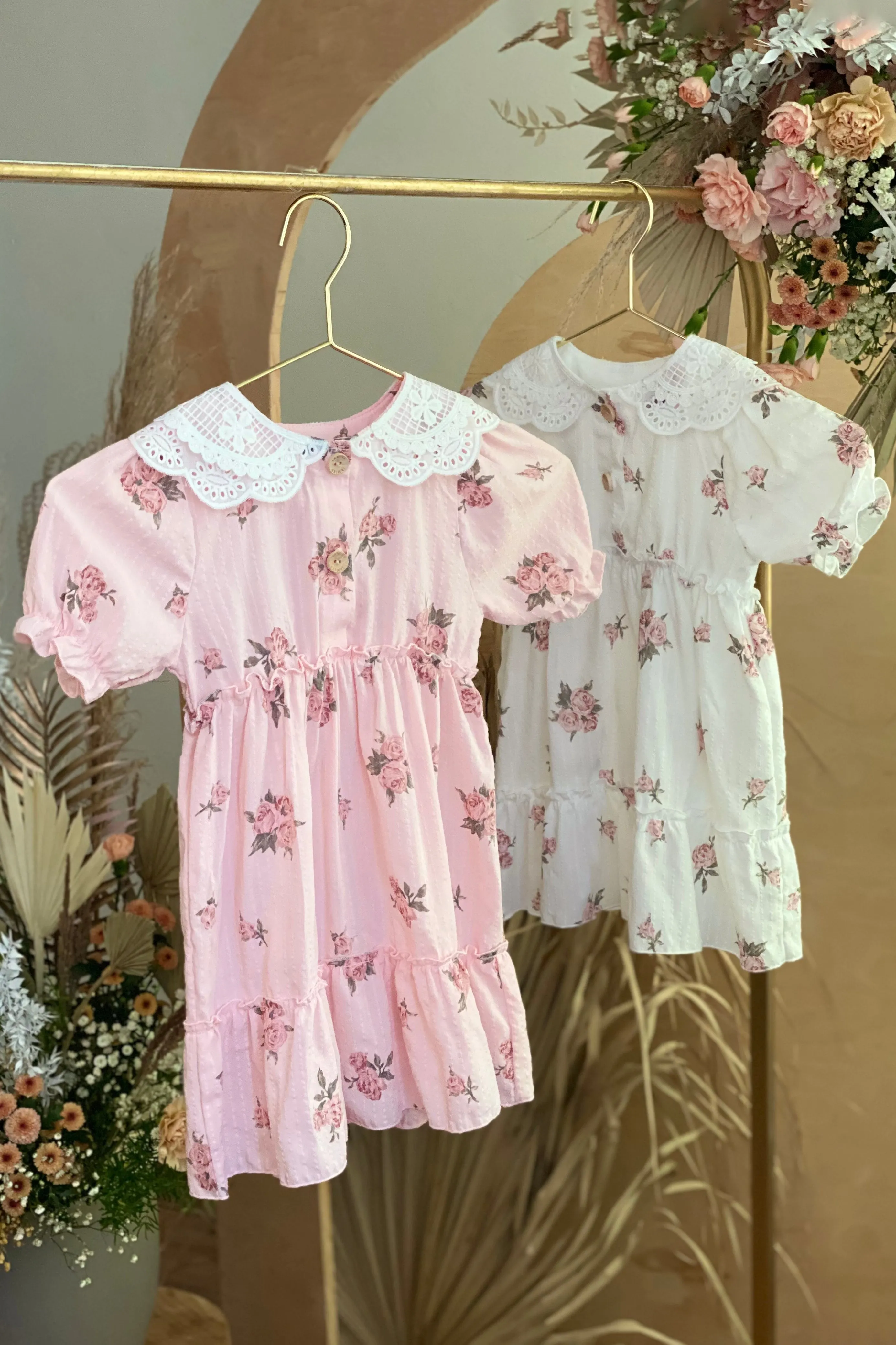 "Melodie" Ivory & Pink Vintage Floral Dress