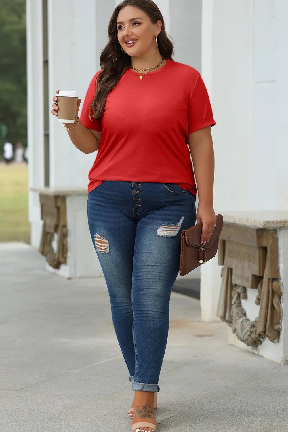Red Casual Plain Crew Neck Top