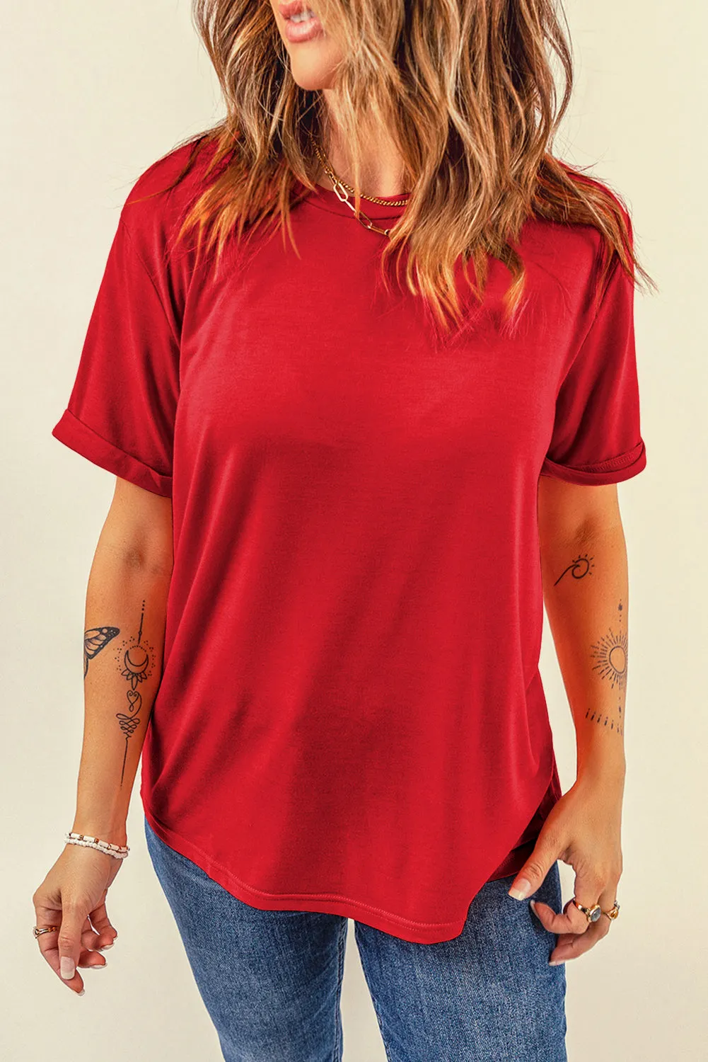 Red Casual Plain Crew Neck Top