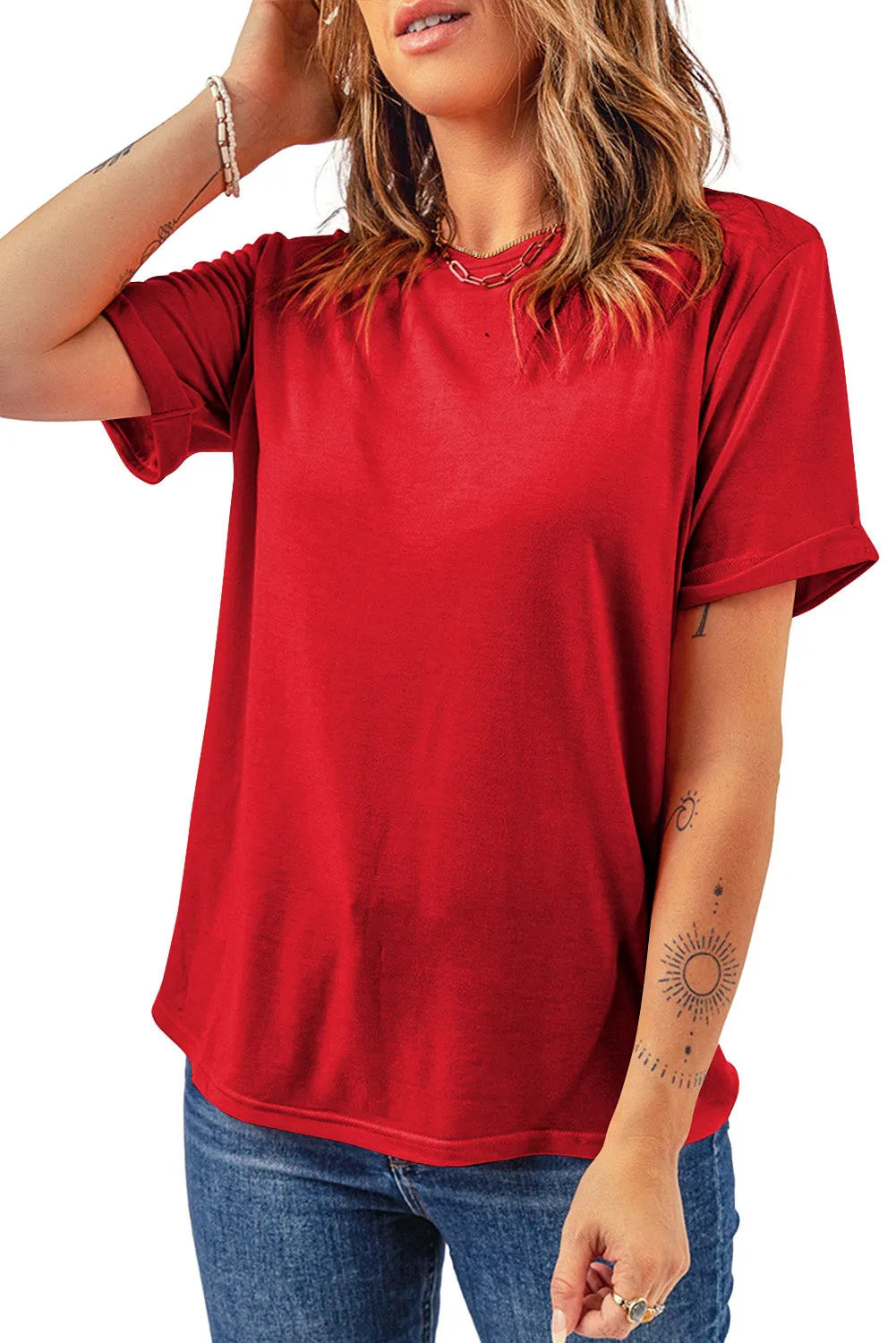 Red Casual Plain Crew Neck Top