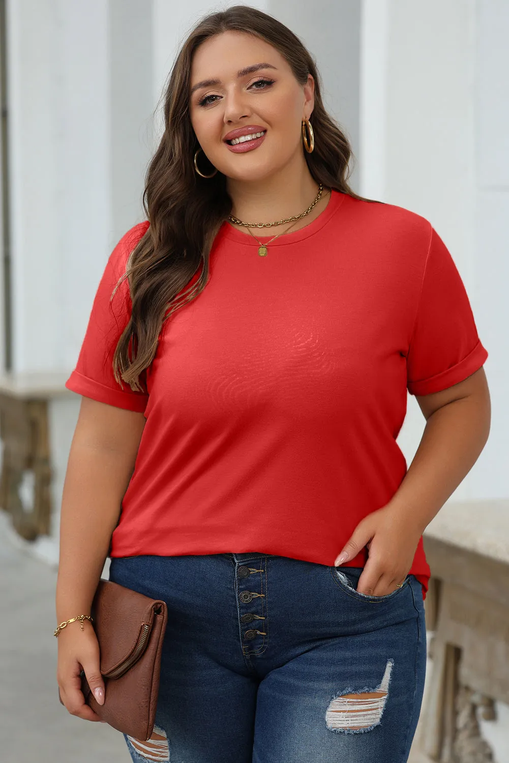 Red Casual Plain Crew Neck Top
