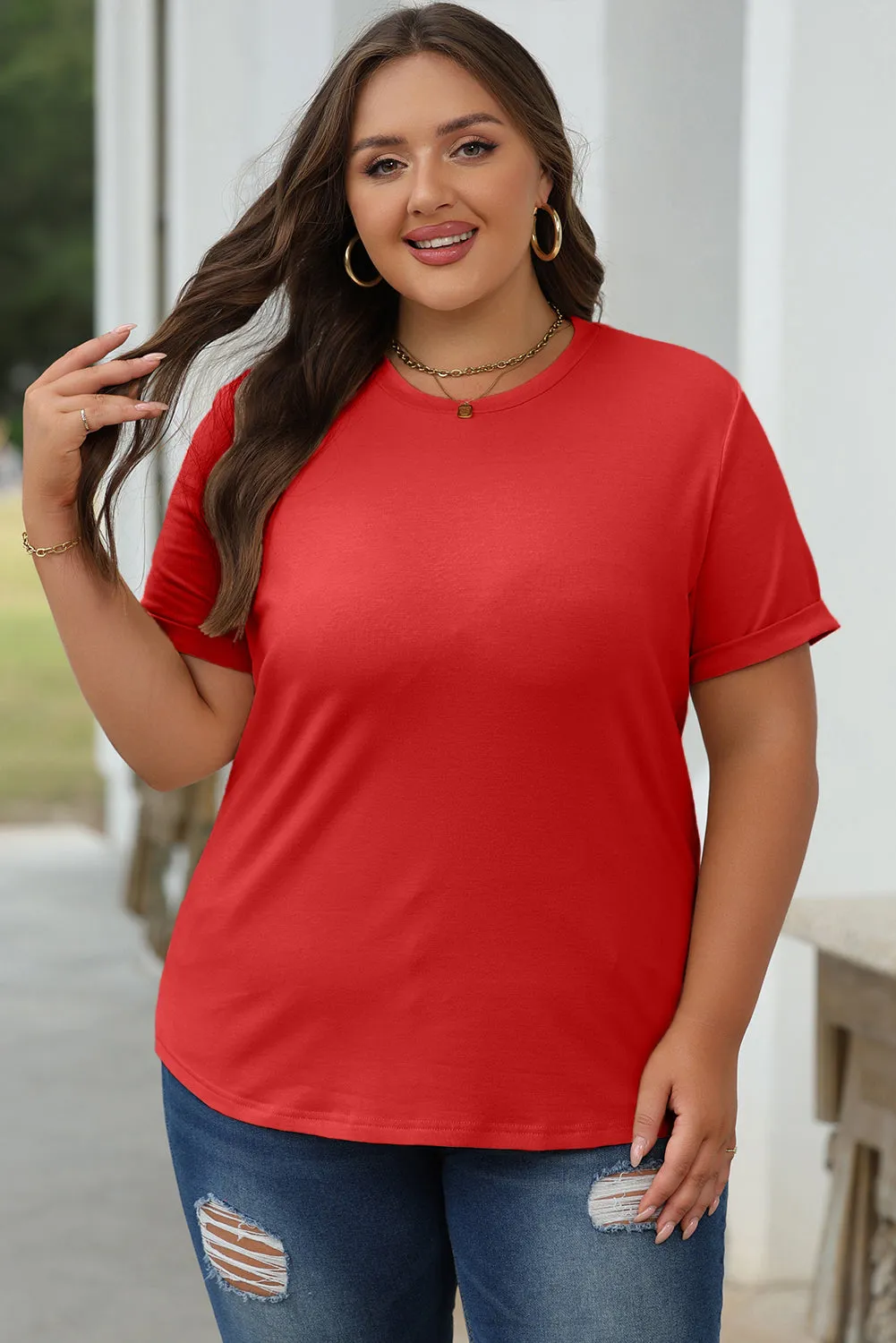 Red Casual Plain Crew Neck Top