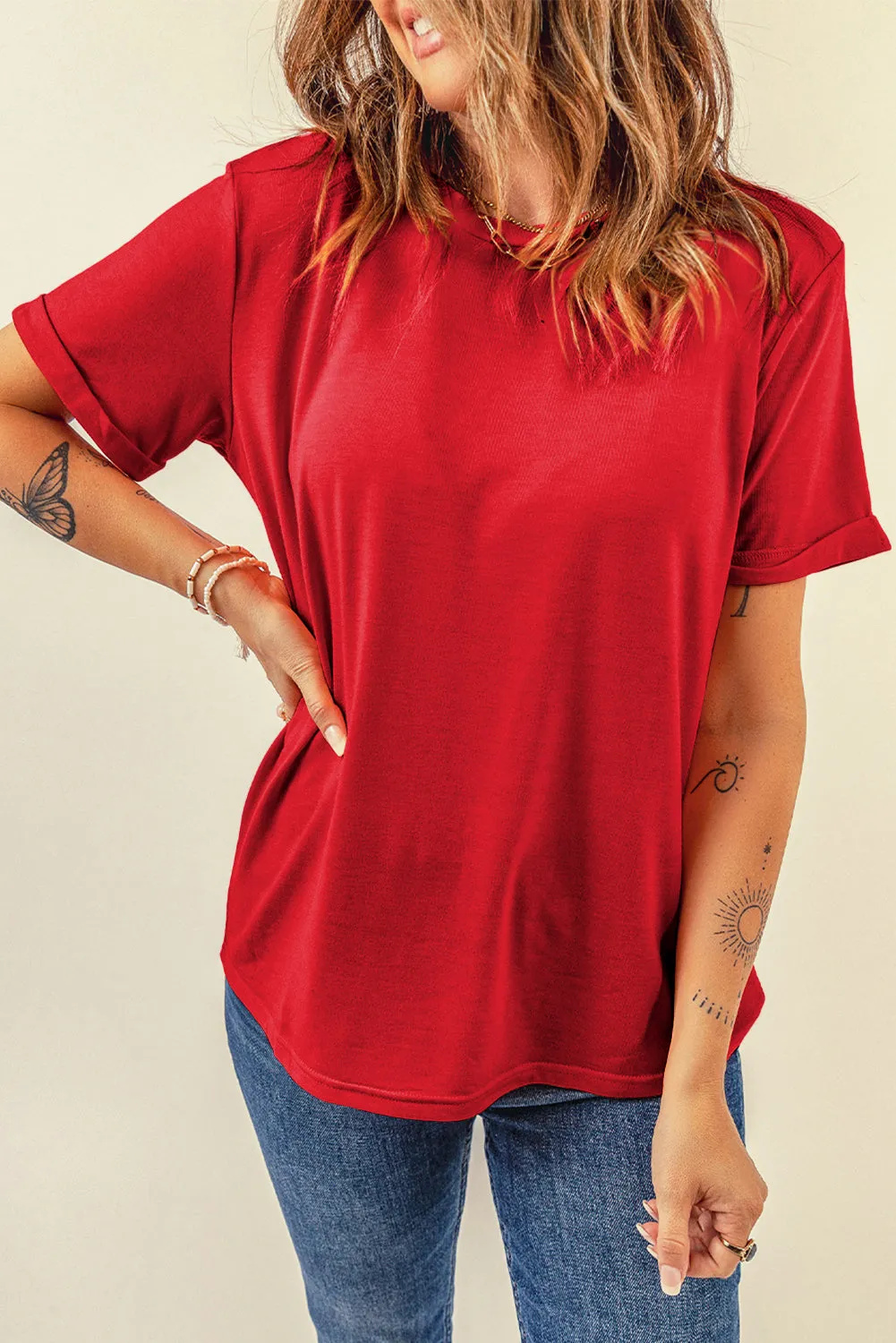 Red Casual Plain Crew Neck Top