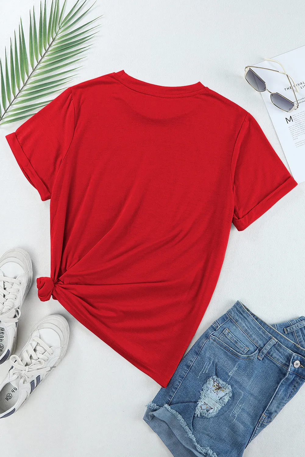 Red Casual Plain Crew Neck Top