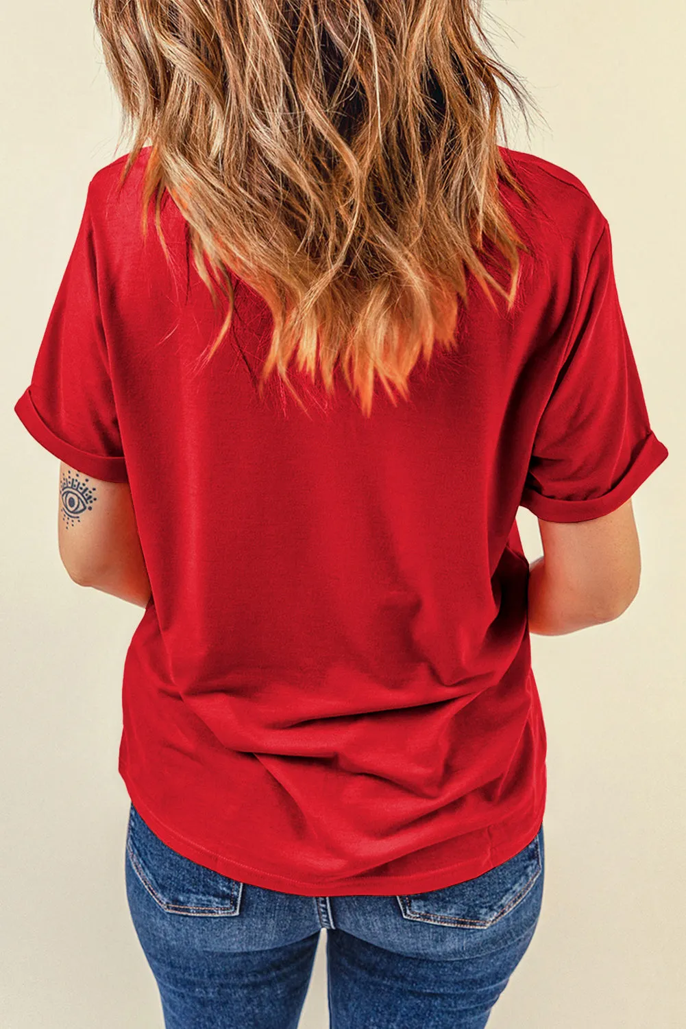 Red Casual Plain Crew Neck Top