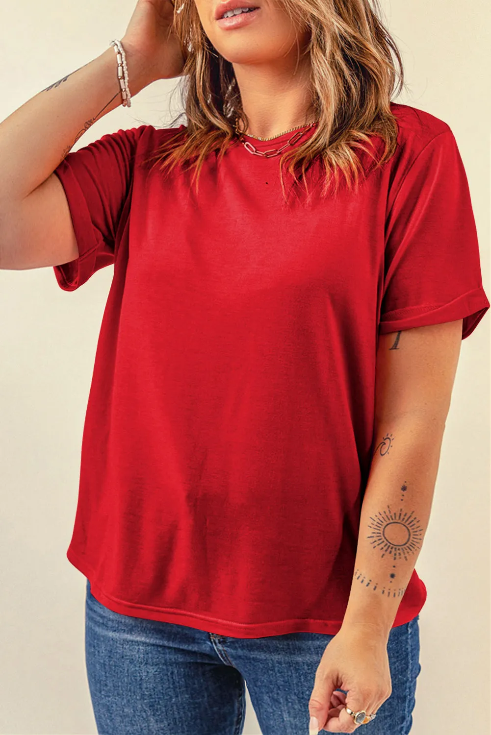 Red Casual Plain Crew Neck Top