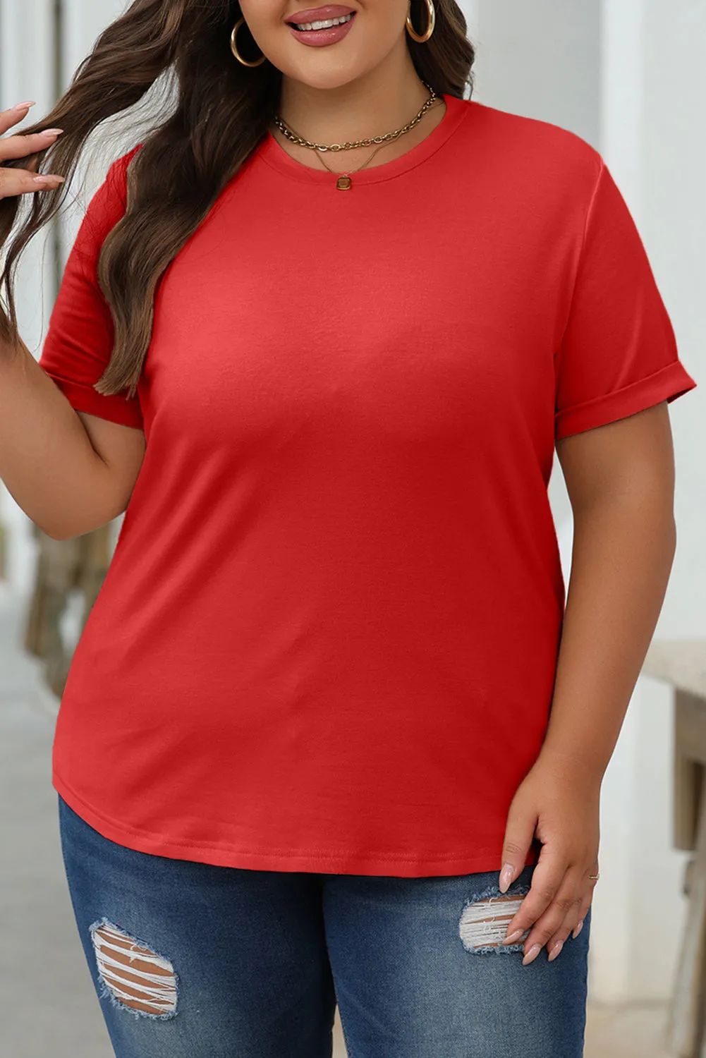 Red Casual Plain Crew Neck Top