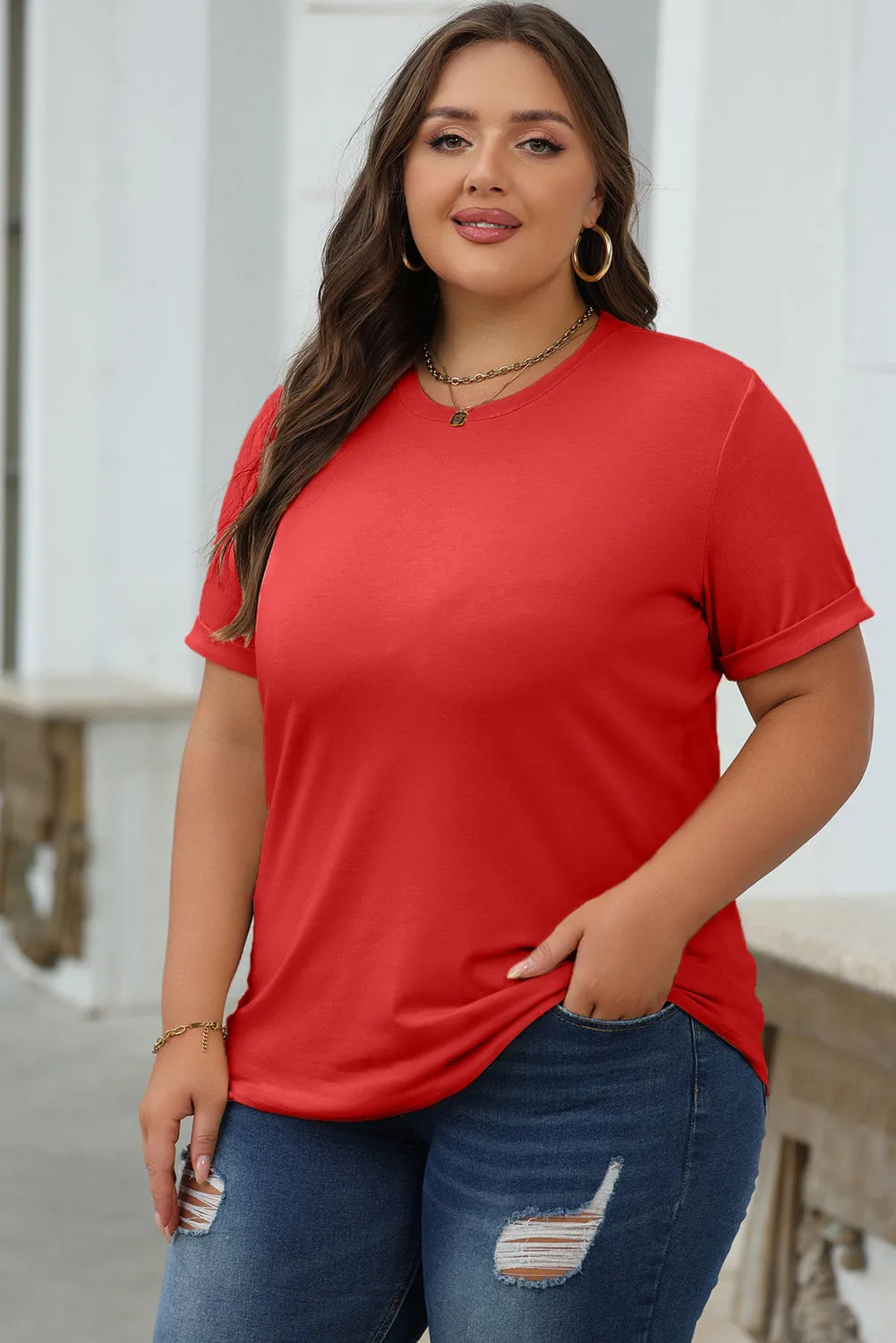 Red Casual Plain Crew Neck Top