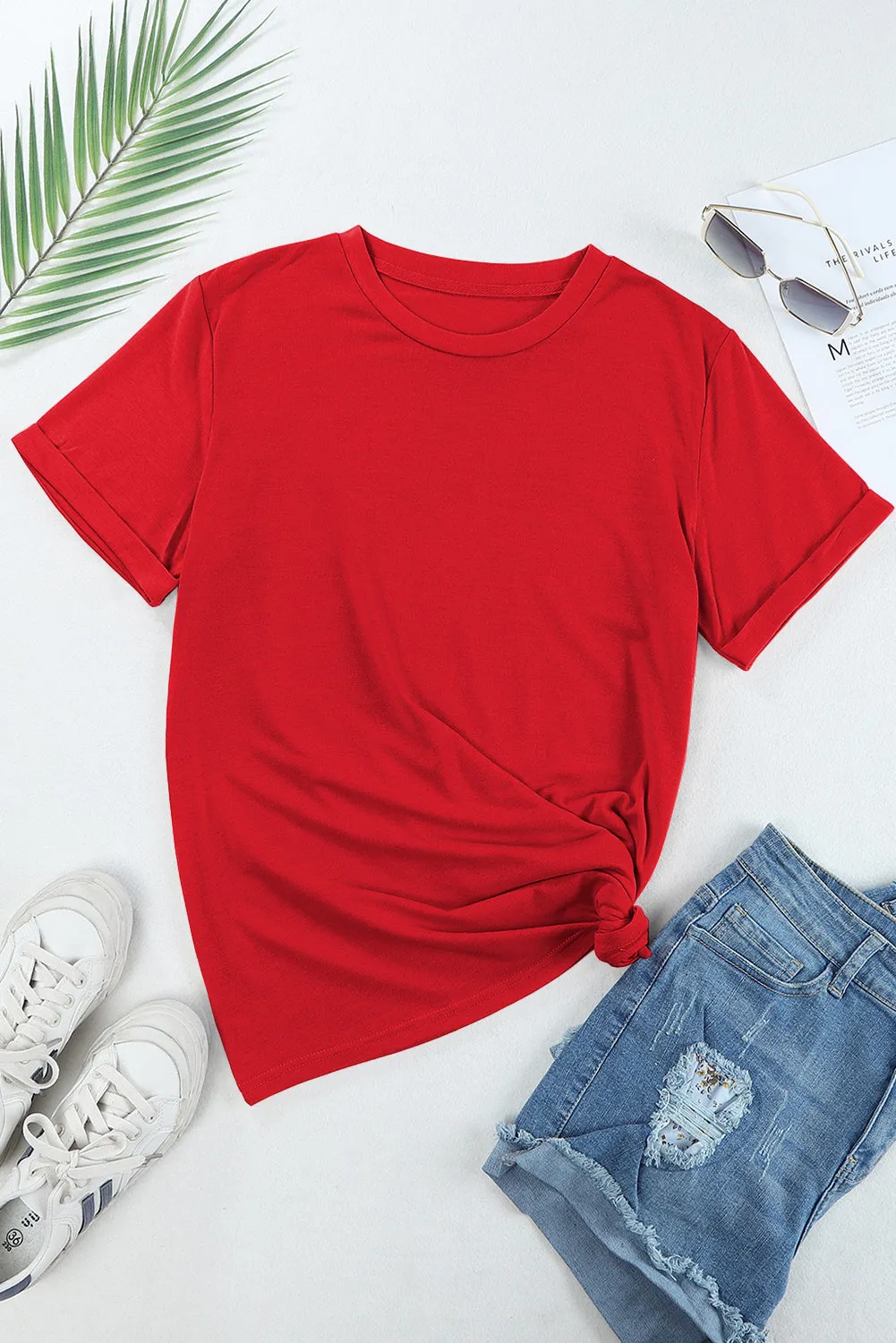 Red Casual Plain Crew Neck Top