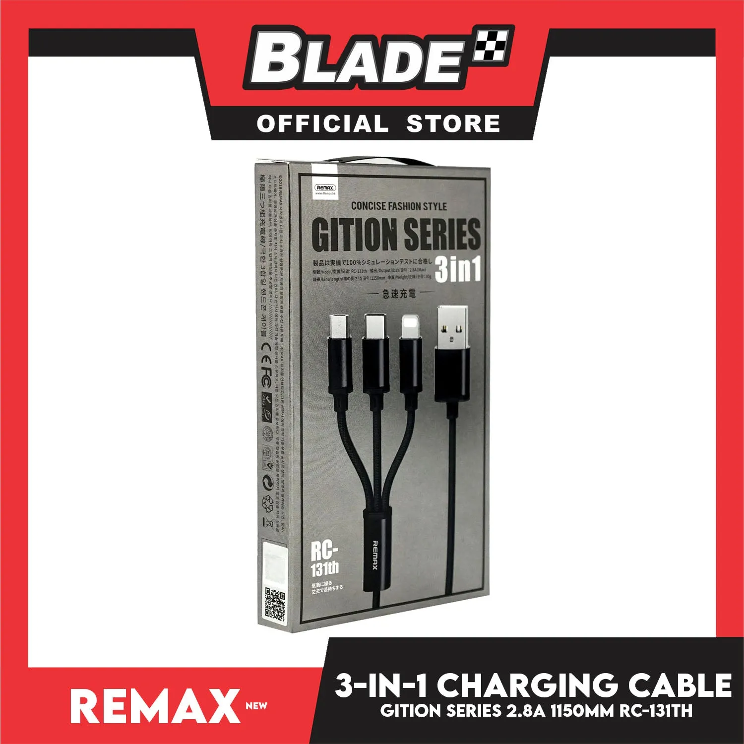 Remax Data Cable Gition Series RC-131th 3in1 Charging Cable Micro,Type-C & iPhone (Black) Suitable for Mobile phone, Smart Phone, Tablet, iPhone, iPad Series & More