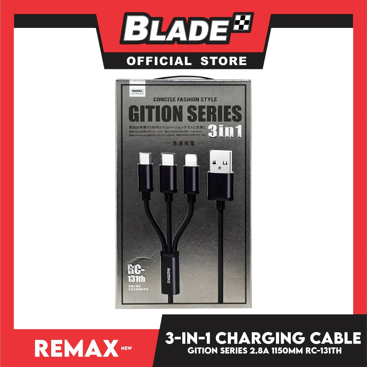 Remax Data Cable Gition Series RC-131th 3in1 Charging Cable Micro,Type-C & iPhone (Black) Suitable for Mobile phone, Smart Phone, Tablet, iPhone, iPad Series & More
