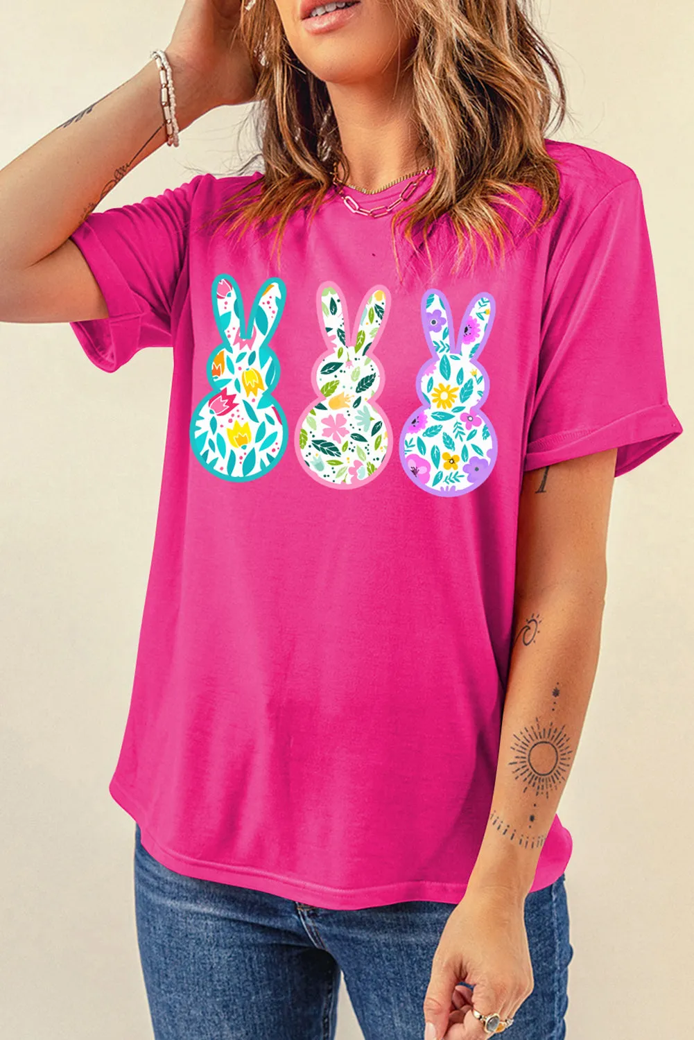 Rose Red Floral Easter Bunny Graphic Crew Neck Easter Tee