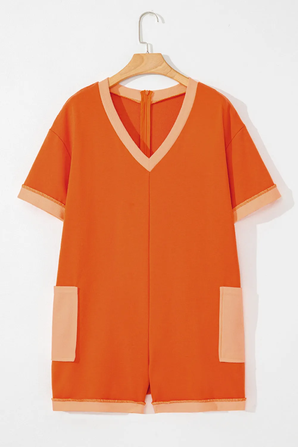 Russet Orange Two-tone Short Sleeve V Neck Patched Pocket Loose Romper