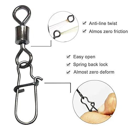 Shaddock Fishing 210pieces/box Fishing Swivel Snap Connectors Size 2 4 5 6 8 High-Strength Fishing Rolling Swivels with Nice Snaps Fishing Tackle Kit (100% Copper Stainless Steel)