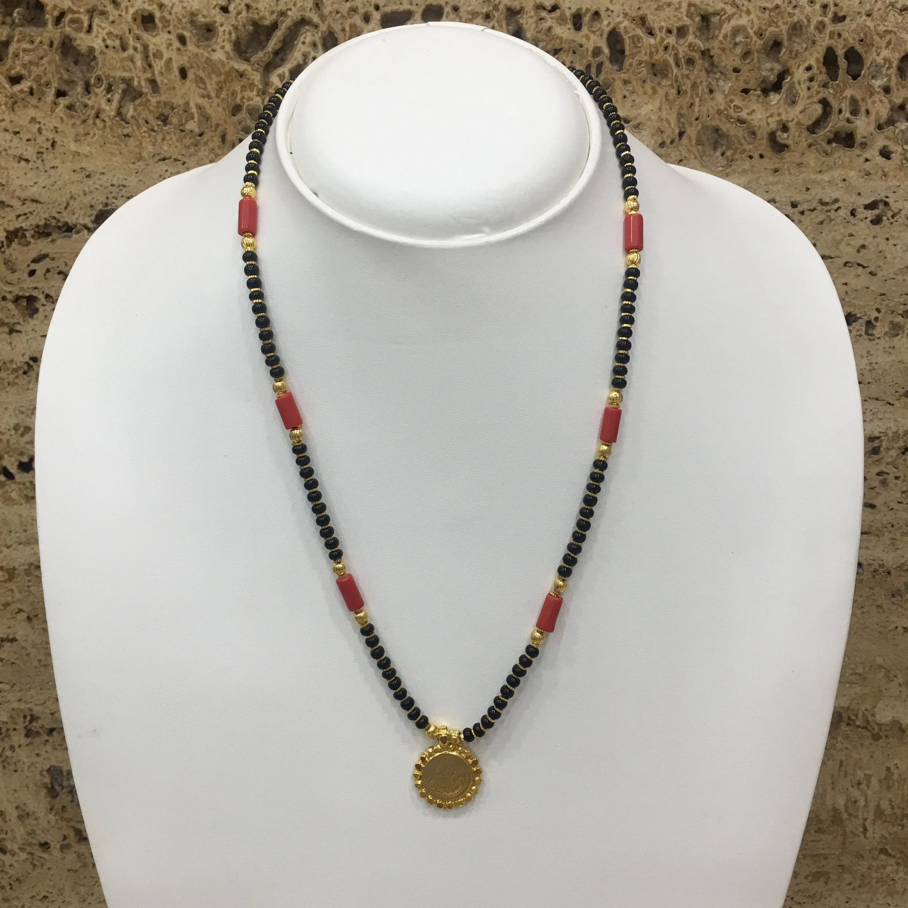 Short Mangalsutra Designs Gold Plated Latest Lakshmi (Laxmi) Coin Pendant Single Layer Mangalsutra