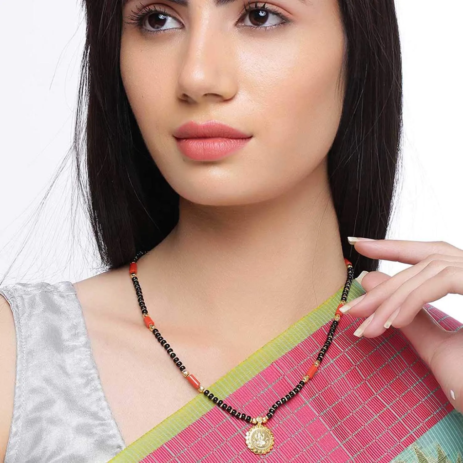 Short Mangalsutra Designs Gold Plated Latest Lakshmi (Laxmi) Coin Pendant Single Layer Mangalsutra