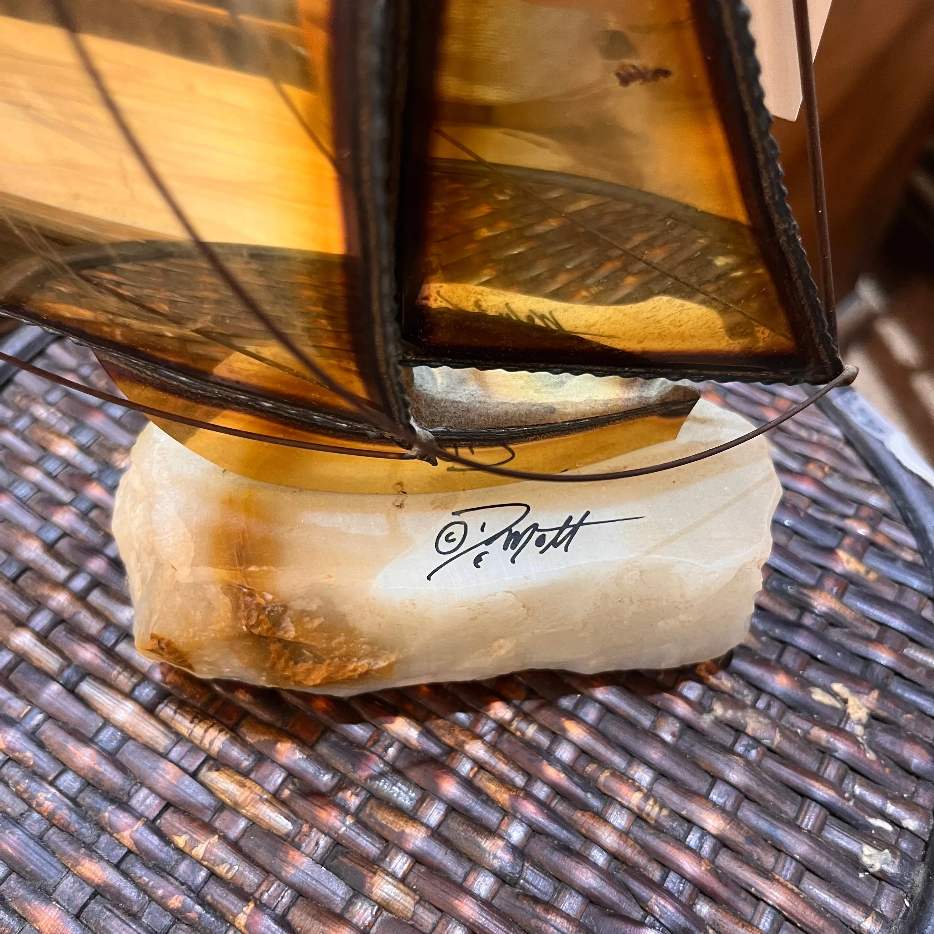 Signed Copper/Brass & Quartz Nautical Ship Sculpture