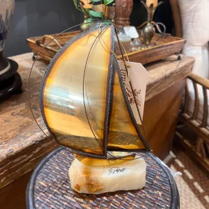 Signed Copper/Brass & Quartz Nautical Ship Sculpture