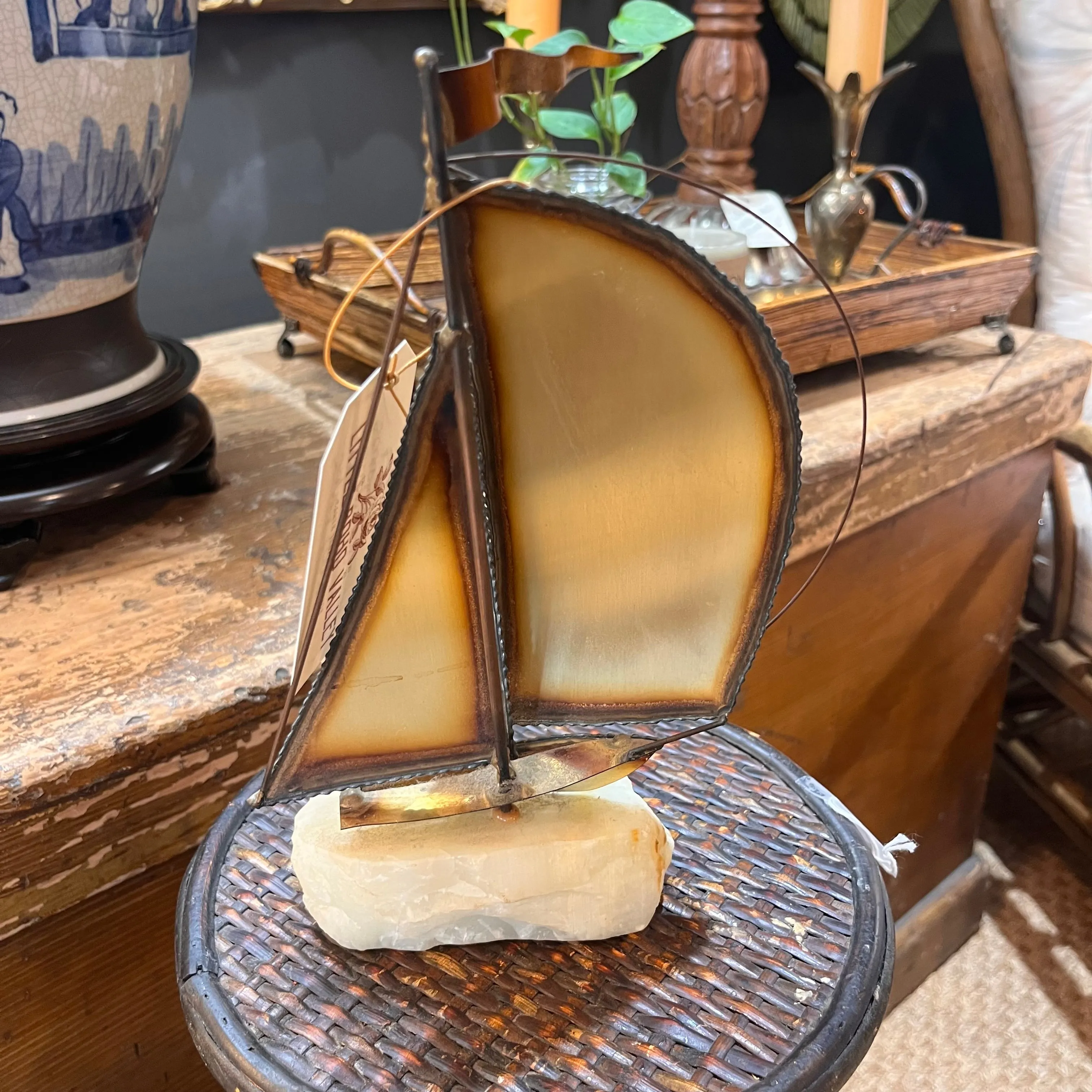Signed Copper/Brass & Quartz Nautical Ship Sculpture