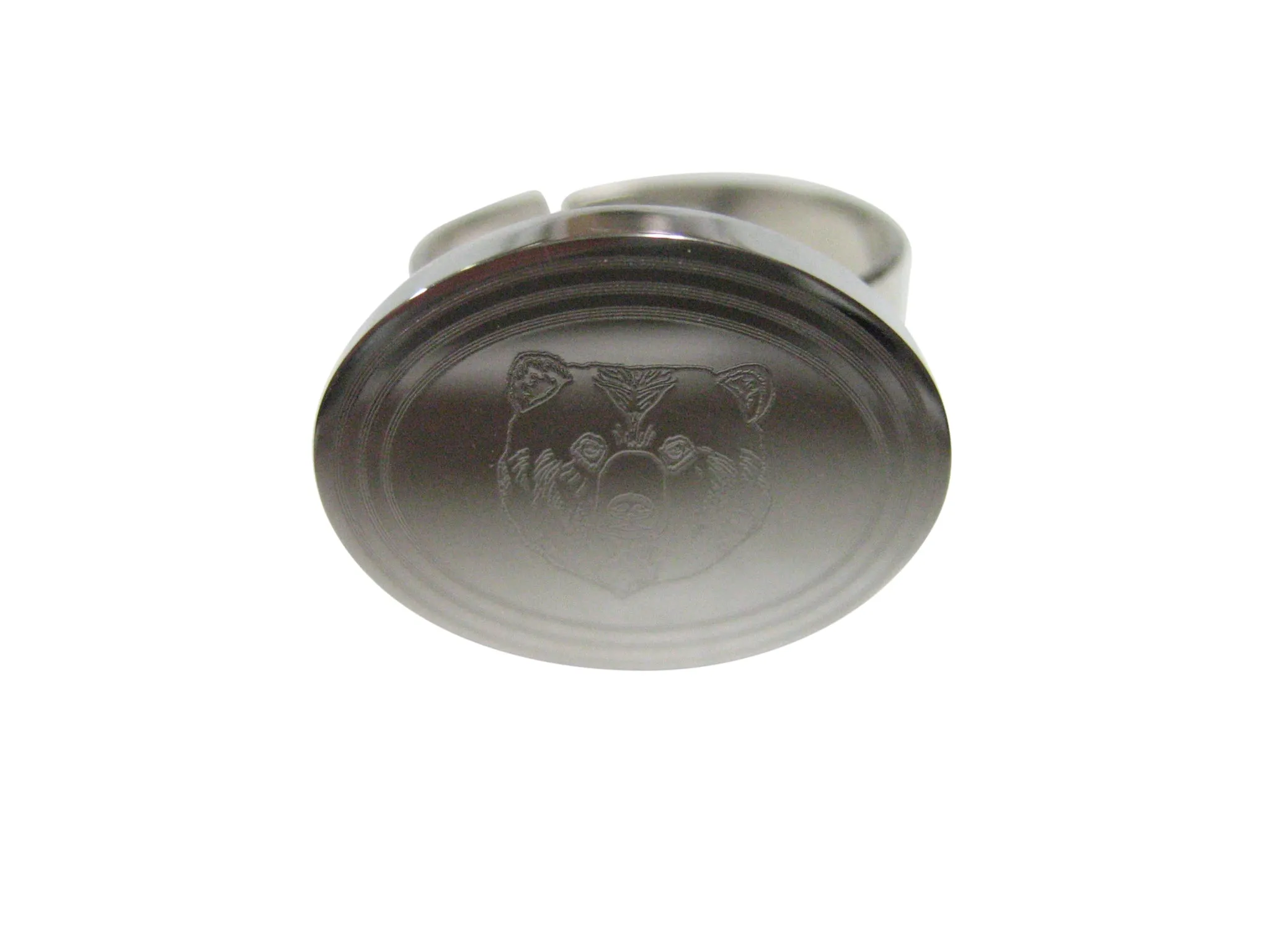 Silver Toned Etched Oval Bear Head Adjustable Size Fashion Ring