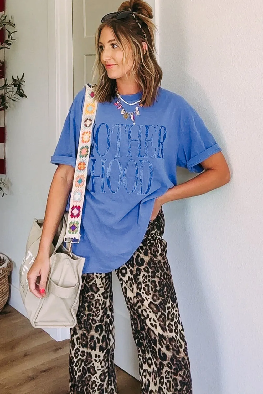 Sky Blue Vintage MOTHERHOOD Letter Graphic T Shirt
