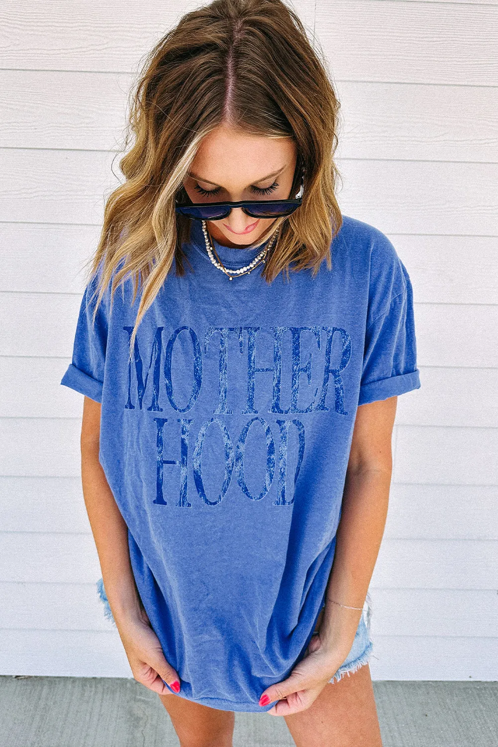 Sky Blue Vintage MOTHERHOOD Letter Graphic T Shirt