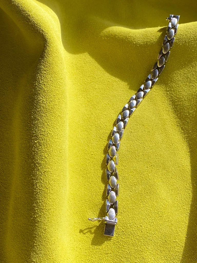 Solid Silver Diamond Snake Link Bracelet - Vintage Italian by Piazza Michele - 7.6 inch length