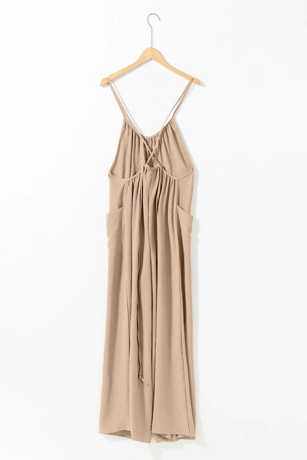 Spaghetti Straps Waist Tie Wide Leg Jumpsuit with Pockets
