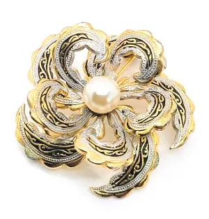 Spanish Damascene enamel large 3D flower faux pearl vintage brooch