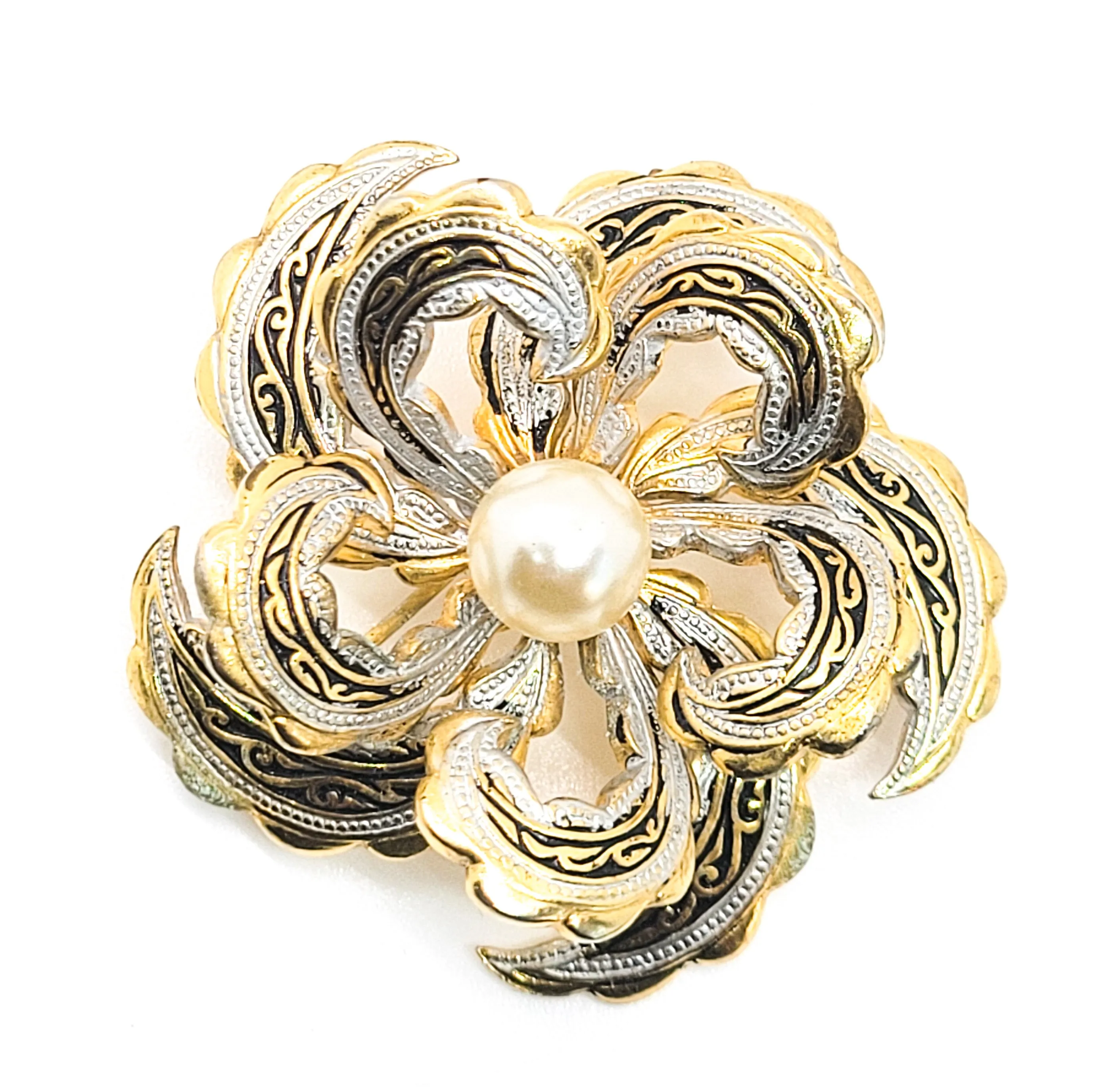 Spanish Damascene enamel large 3D flower faux pearl vintage brooch