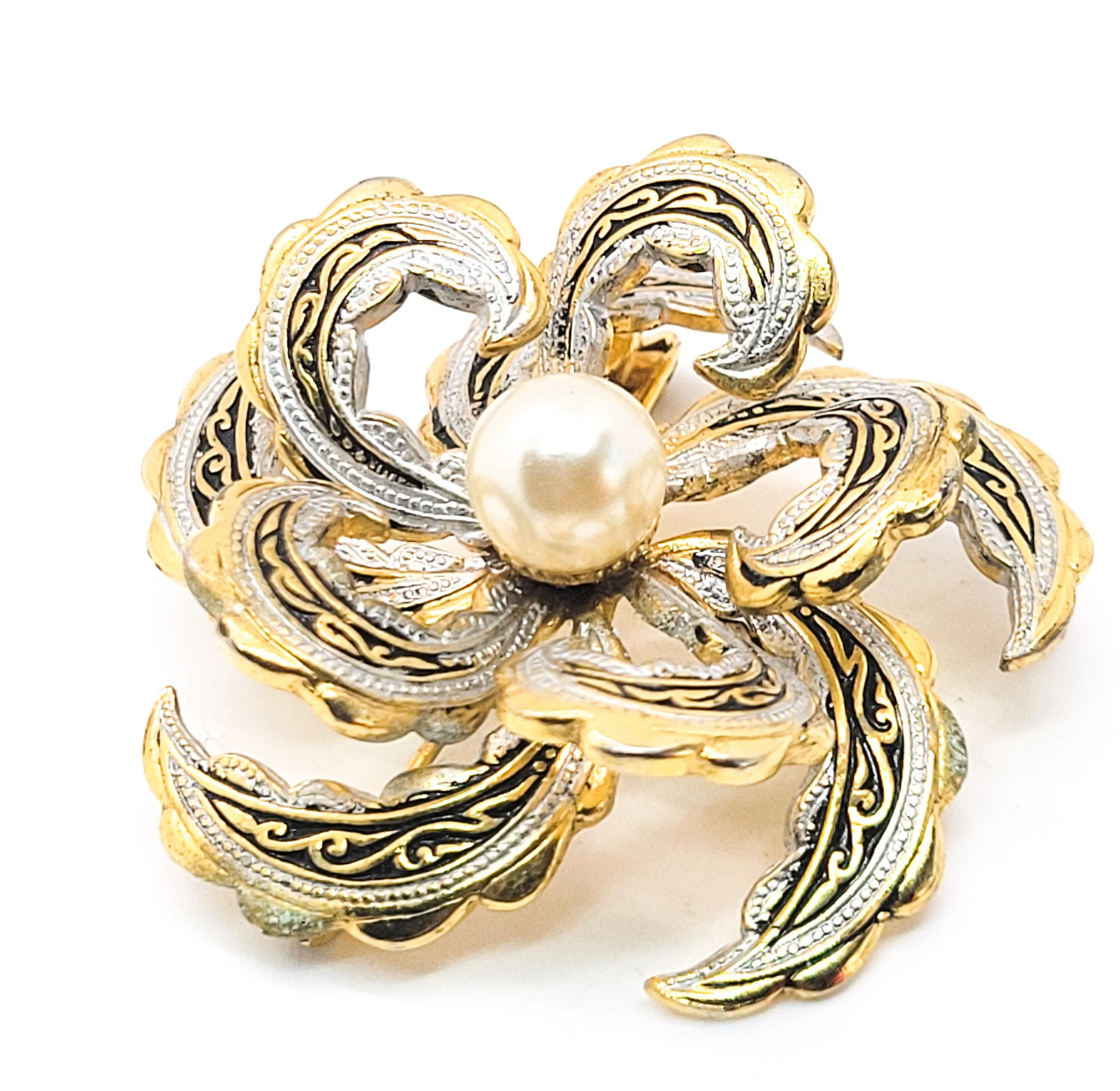 Spanish Damascene enamel large 3D flower faux pearl vintage brooch