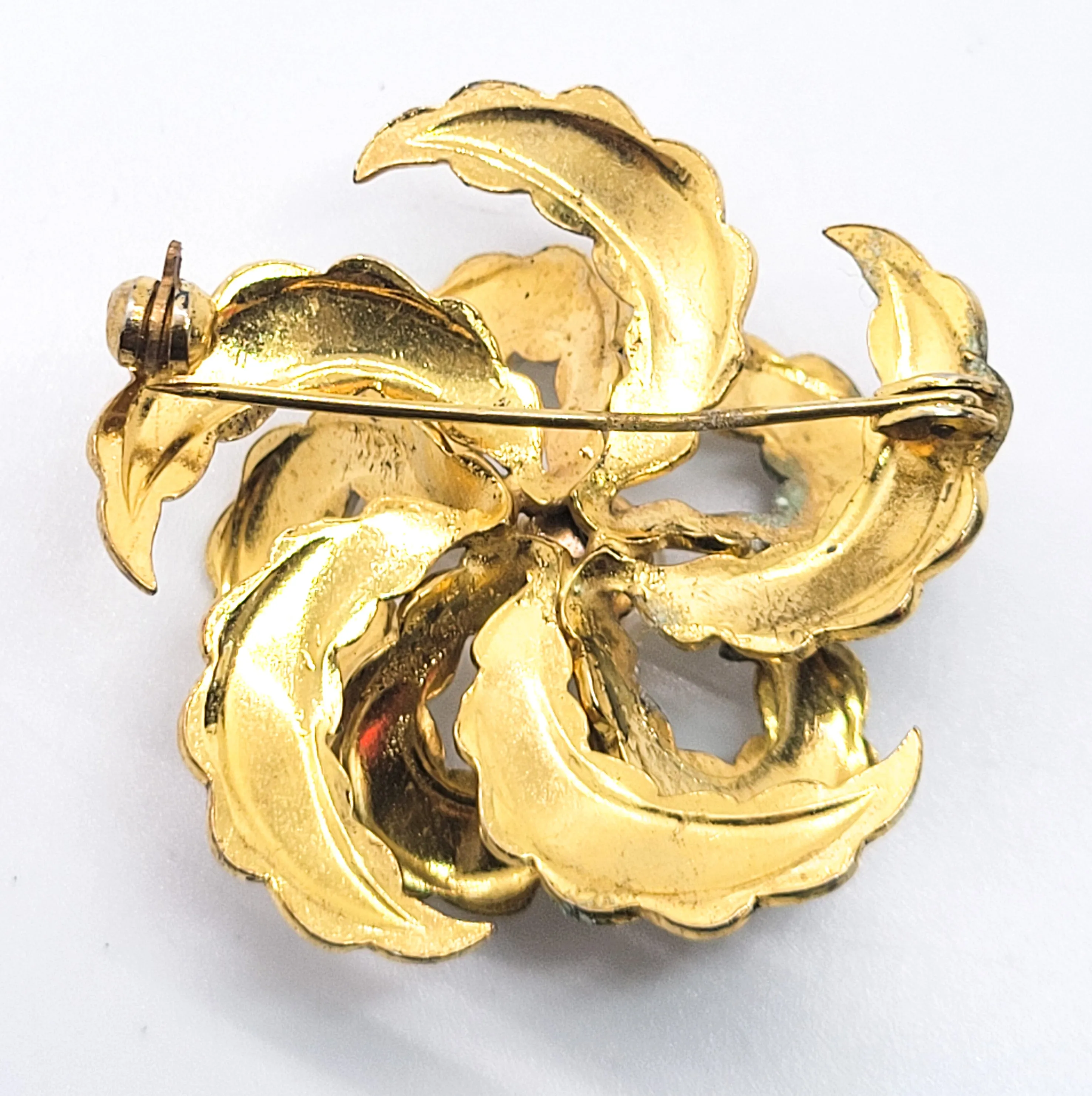 Spanish Damascene enamel large 3D flower faux pearl vintage brooch
