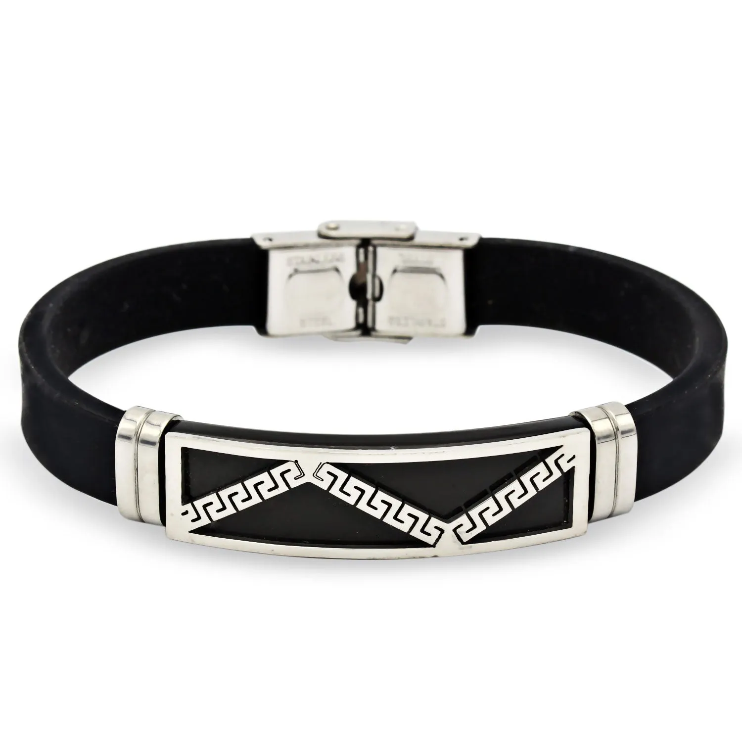 Stainless Steel Black Silver Plated Two Tone Rubber Bracelet