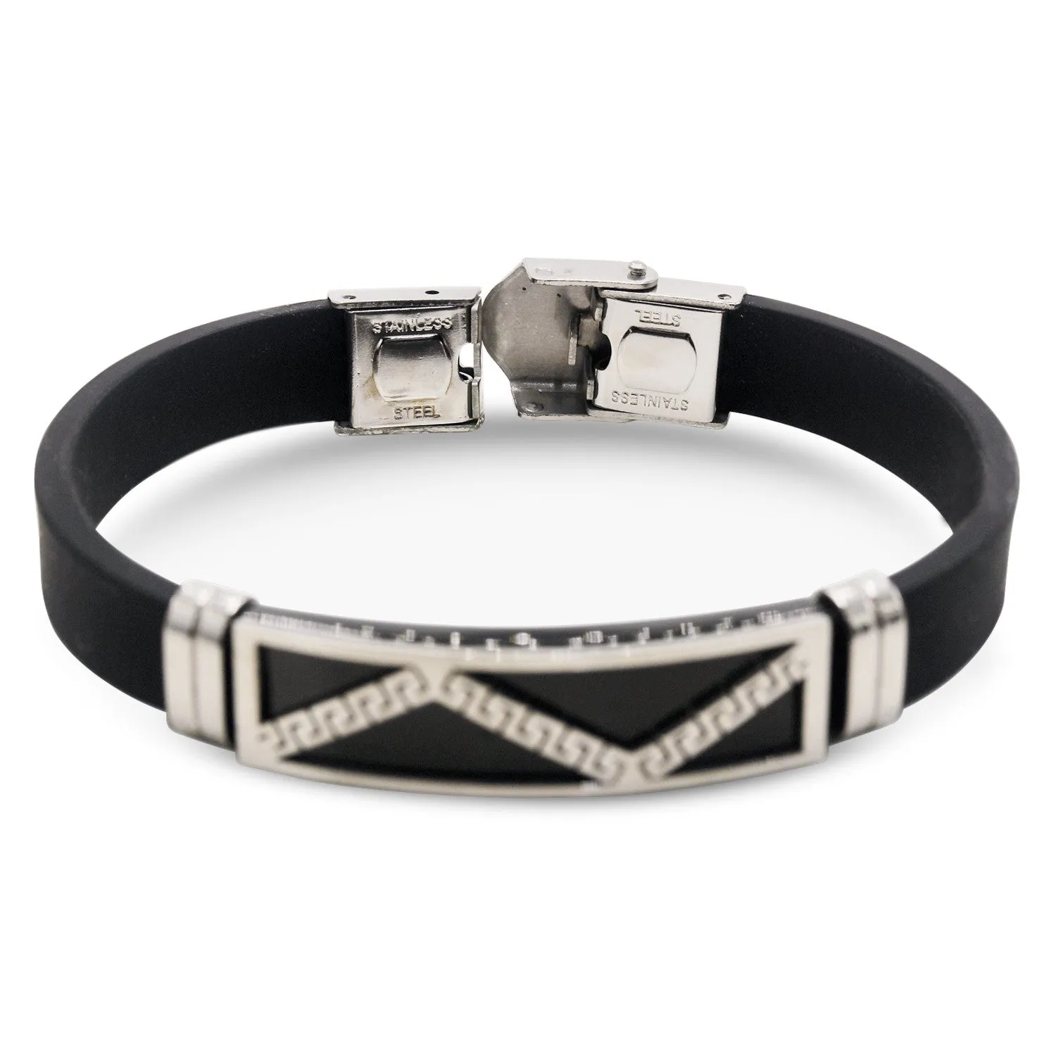 Stainless Steel Black Silver Plated Two Tone Rubber Bracelet