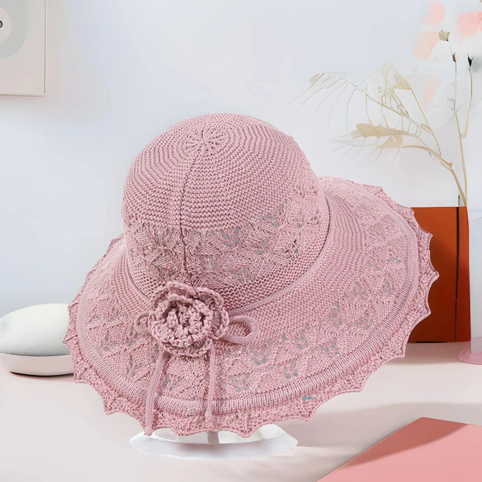 Summer Crochet Straw Hat for Women Beach Hat Flower Wide Brim Beach Sun Hat Female Panama Straw Hat Lightweight Floppy Hat
