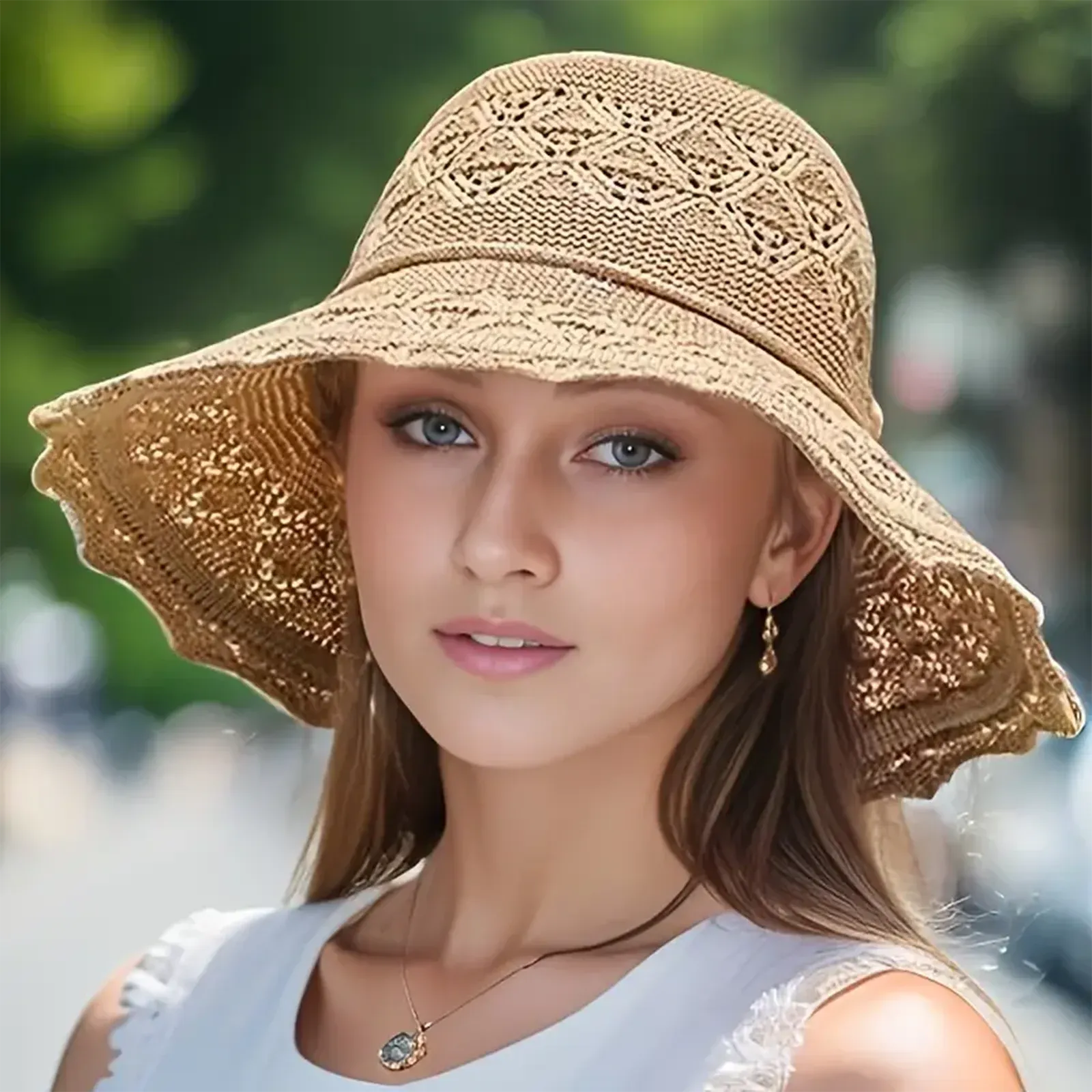 Summer Crochet Straw Hat for Women Beach Hat Flower Wide Brim Beach Sun Hat Female Panama Straw Hat Lightweight Floppy Hat