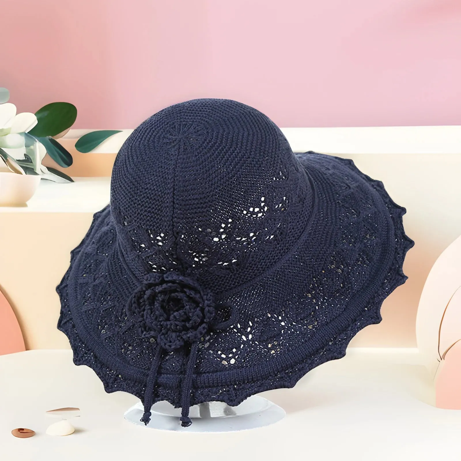 Summer Crochet Straw Hat for Women Beach Hat Flower Wide Brim Beach Sun Hat Female Panama Straw Hat Lightweight Floppy Hat