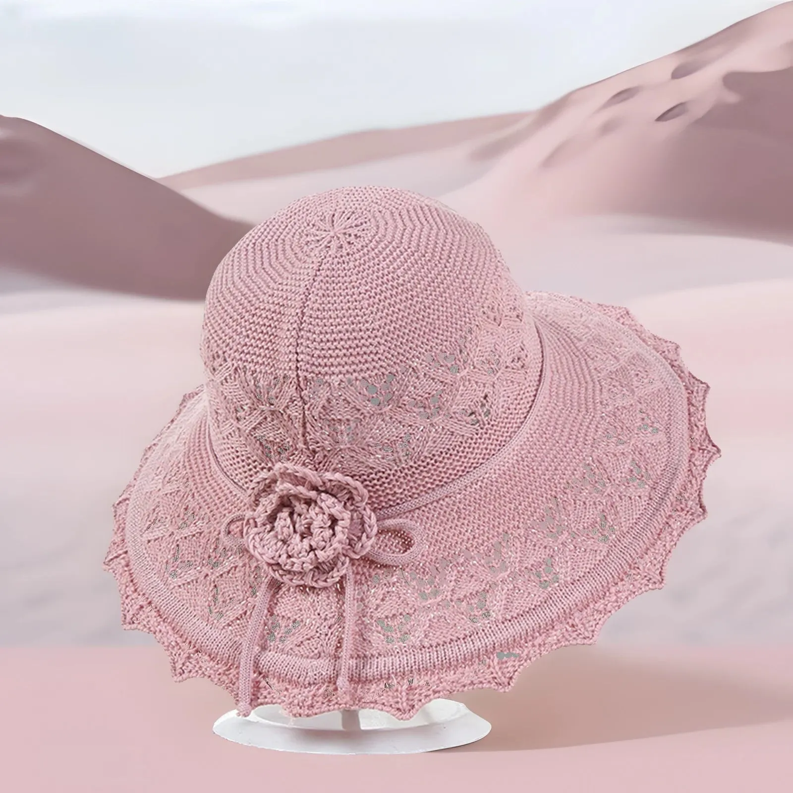Summer Crochet Straw Hat for Women Beach Hat Flower Wide Brim Beach Sun Hat Female Panama Straw Hat Lightweight Floppy Hat