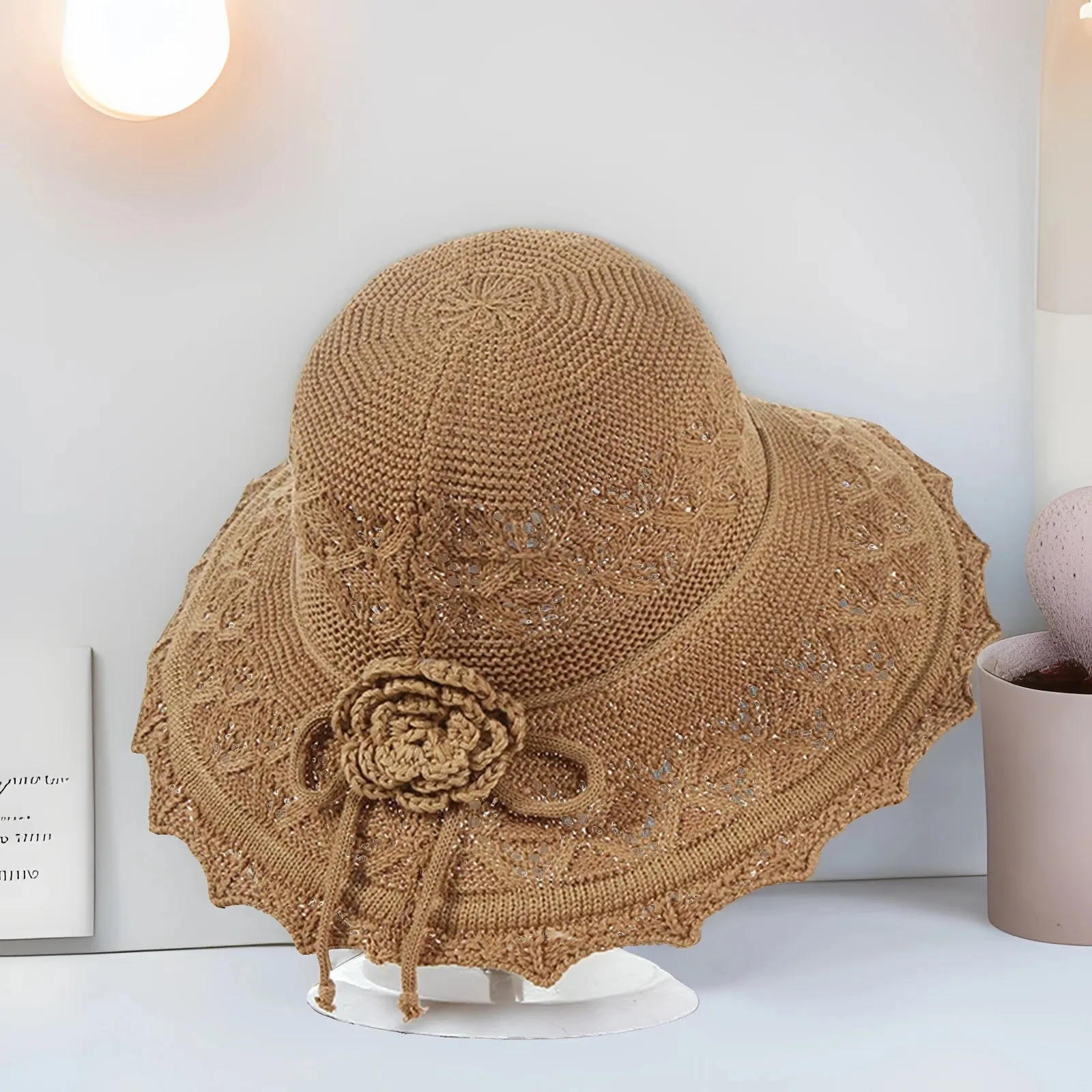 Summer Crochet Straw Hat for Women Beach Hat Flower Wide Brim Beach Sun Hat Female Panama Straw Hat Lightweight Floppy Hat